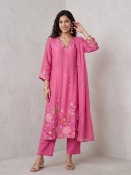 Gajra Gang - Women Pink Mul Chanderi Embroidered Straight Kurta and Pant With Dupatta