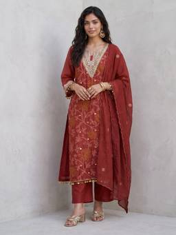 Gajra Gang - Women Rust Eva Silk Floral Embroidered Kurta and Pant with Dupatta
