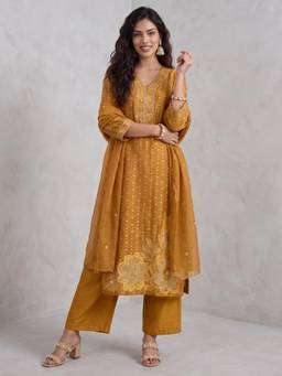 Gajra Gang - Women Mustard Yellow Jacquard Floral Embroidered Kurta and Pant with Dupatta
