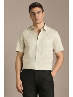 Louis Philippe - Men Beige Stripes Half Sleeves Formal Shirt