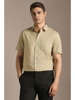Louis Philippe - Men Beige Stripes Half Sleeves Formal Shirt