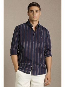 Louis Philippe - Men Navy Blue Stripes Full Sleeves Casual Shirt