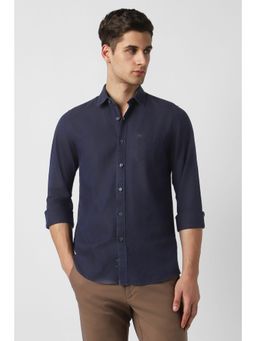 Peter England - Men Navy Blue Slim Fit Textured Full Sleeves Casual Shirt