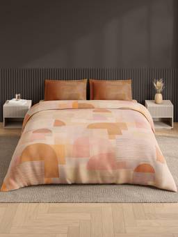 SPACES - Neo Light Orange Geometric Cotton Large Bedsheet With 2 Pillow Covers