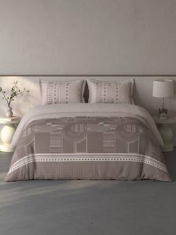 SPACES - Fiora Cotton Geometric Light Taupe Double Bedsheet With 2 Pillow Covers