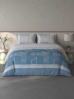 SPACES - Fiora Cotton Geometric Light Grey Double Bedsheet With 2 Pillow Covers