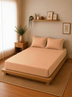 Linen Home - Cotton Percale Fitted Bedsheet with 2 Pillow Covers (XL)- Tan