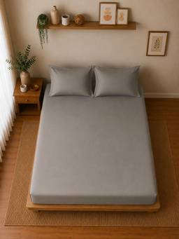 Linen Home - Cotton Percale Fitted Bedsheet with 2 Pillow Covers (XL)- Charcoal
