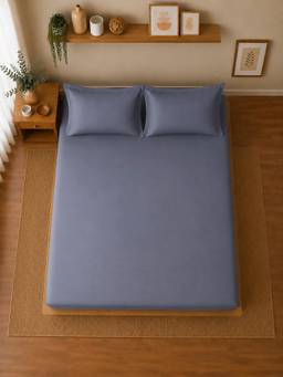 Linen Home - Cotton Percale Fitted Bedsheet with 2 Pillow Covers (XL)- Dark Blue
