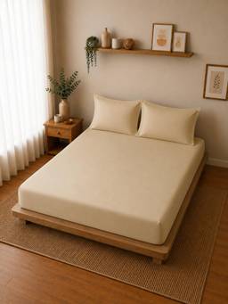 Linen Home - Cotton Percale Fitted Bedsheet with 2 Pillow Covers (XL)- Light Taupe