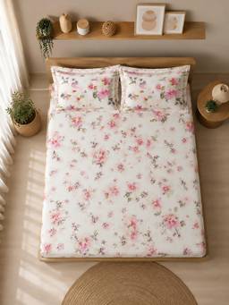 Linen Home - Cotton Percale Fitted Bedsheet with 2 Pillow Covers (XL)- Floral Pink