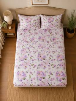 Linen Home - Cotton Percale Fitted Bedsheet with 2 Pillow Covers (XL)- Floral Purple