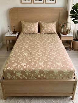 Linen Home - Cotton Percale Fitted Bedsheet with 2 Pillow Covers (XL)- Light Brown