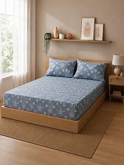 Linen Home - Cotton Percale Fitted Bedsheet with 2 Pillow Covers (XL)- Floral Blue