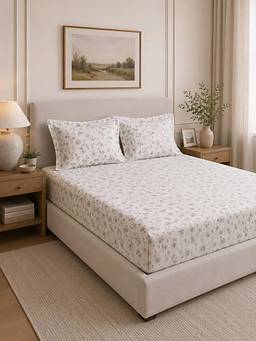 Linen Home - Cotton Percale Fitted Bedsheet with 2 Pillow Covers (XL)- Floral Grey