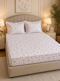 Linen Home - Cotton Percale Fitted Bedsheet with 2 Pillow Covers (XL)- Floral Mauve