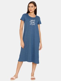 Zivame - Rosaline Geo Blooms Knit Cotton Mid Length Nightdress - Blue Opal