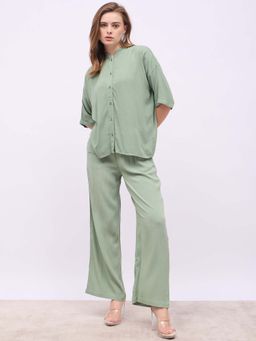 Styli - Women Green Solid Stand Collar Half Sleeve Co-Ord (Set of 2)
