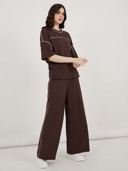 Styli - Women Brown Contrast Overlock Co-Ord (Set of 2)