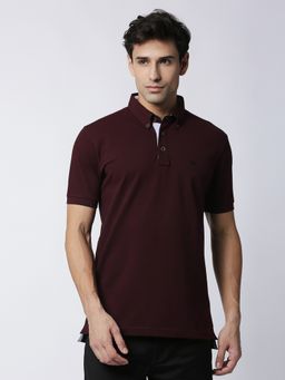 Dragon Hill - Half Sleeves Wine Cotton Lycra Button Down Polo T-shirt