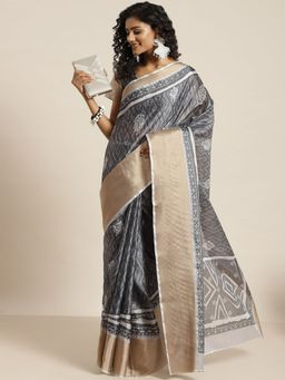 Odette - Women Grey Silk Blend Printed Saree with Unstitched Blouse