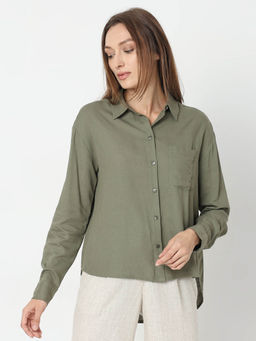 VERO MODA - Womens Green Viscose Solid Shirt