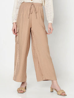 VERO MODA - Womens Beige Polyester Solid Wide Pant