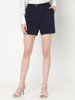 VERO MODA - Womens Navy Blue Cotton Solid Shorts with Belt (Set of 2)