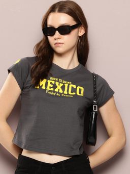 DILLINGER - Womens Regular Cropped Short Sleeve Typography T-shirt - Grey