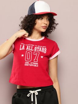 DILLINGER - Womens Regular Cropped Short Sleeve Typography T-shirt - Red