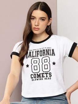 DILLINGER - Womens Short Sleeve Boxy Cropped Typography T-shirt - White