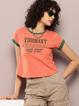 DILLINGER - Womens Regular Cropped Short Sleeve Typography T-shirt - Coral