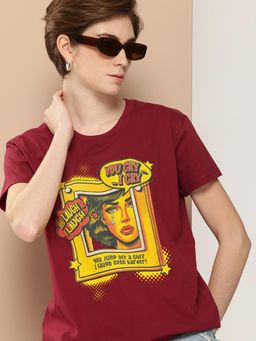 Difference of Opinion - Womens Short Sleeve Boxy Regular Typography T-shirt - Maroon
