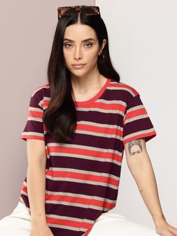 DILLINGER - Womens Short Sleeve Boxy Regular Yarn Dyed T-shirt - Burgundy