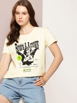 DILLINGER - Womens Boxy Regular Short Sleeve Printed T-shirt - Cream