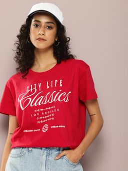 DILLINGER - Womens Short Sleeve Boxy Regular Typography T-shirt - Red