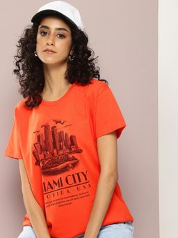 DILLINGER - Womens Short Sleeve Boxy Regular Printed T-shirt - Orange