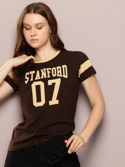 DILLINGER - Womens Regular Fit Short Sleeve Typography T-shirt - Brown