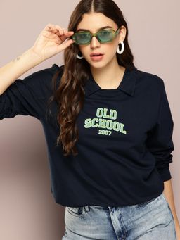 DILLINGER - Womens Long Sleeve Oversized Polo T-Shirt - Navy Blue