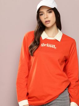 DILLINGER - Womens Long Sleeve Oversized Printed Polo T-shirt - Orange