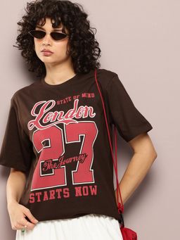 DILLINGER - Womens Oversized Short Sleeve Printed T-shirt - Brown