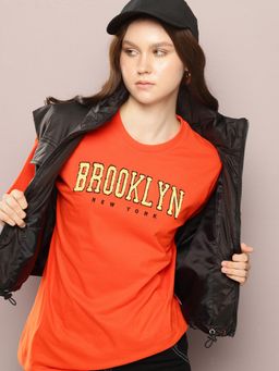 DILLINGER - Womens Oversized Short Sleeve Embroidery T-shirt - Orange