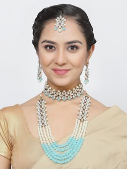 ZENEME - Gold-Plated Multi Strand Kundan Studded Choker and Long Blue Pearl