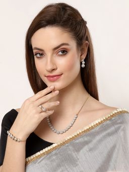 ZENEME - Gold-Plated White Ad Studded Necklace Earring Bracelet and Ring Jewellery