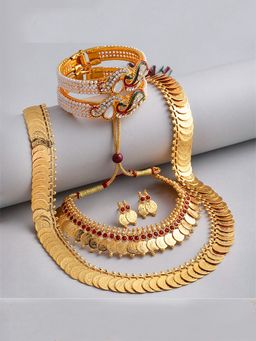 ZENEME - Gold Plated Bracelets Maharani Temple Coin and Short Jewellery