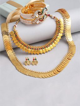 ZENEME - Gold Plated Bracelets Maharani Temple Coin and Short Jewellery