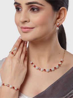 ZENEME - Gold-Plated Red Ad Necklace Earring Bracelet and Ring Jewellery