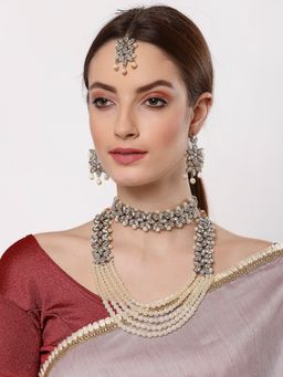ZENEME - Gold-Plated Multi Strand Kundan Studded Necklace and Long White Pearl