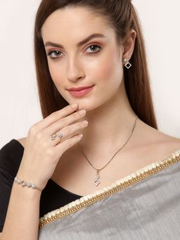 ZENEME - Gold Plated Ad Square Pendant Earring Ring and Bracelet Jewellery