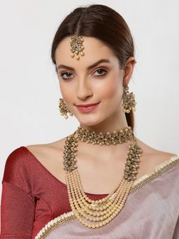 ZENEME - Gold-Plated Multi Strand Kundan Studded Necklace and Long Cream Pearl